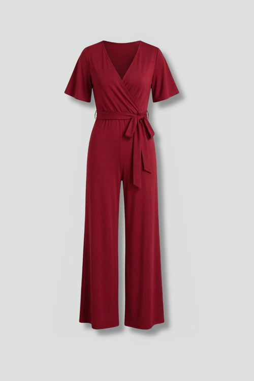 Damesjumpsuit – Dames Jumpsuit met Overslag en Strikceintuur – vooraanzicht | Pancreitis