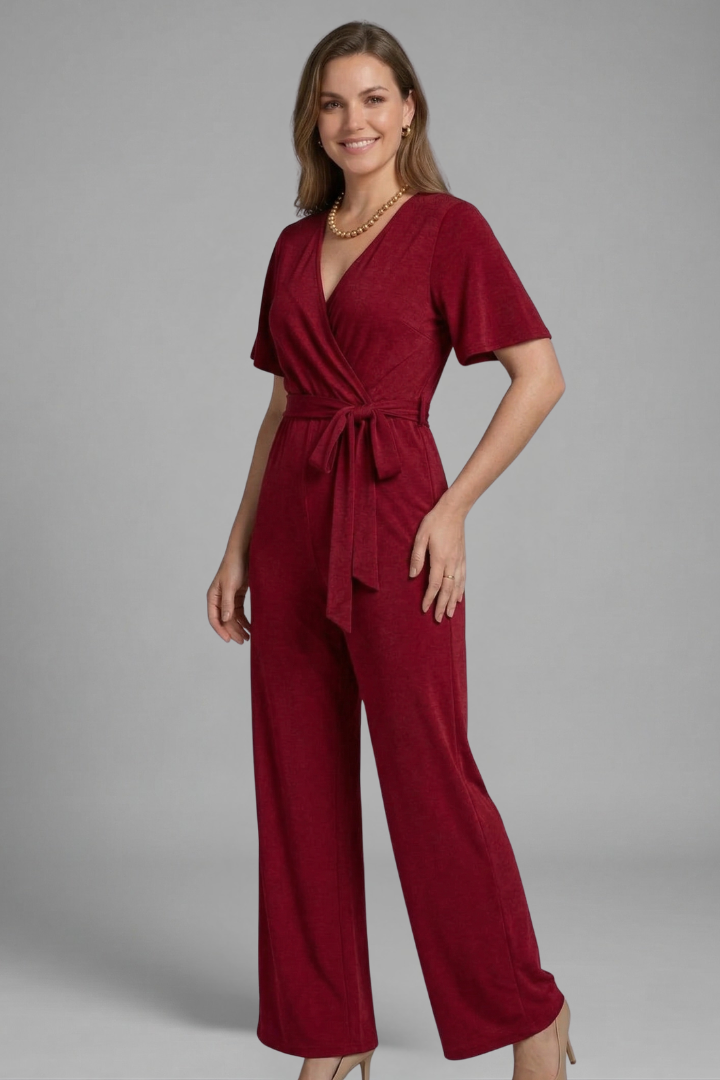 Damesjumpsuit – Dames Jumpsuit met Overslag en Strikceintuur – achteraanzicht | Pancreitis