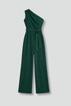 Damesjumpsuit – Dames jumpsuit met asymmetrische halslijn en tailleriem – vooraanzicht | Pancreitis