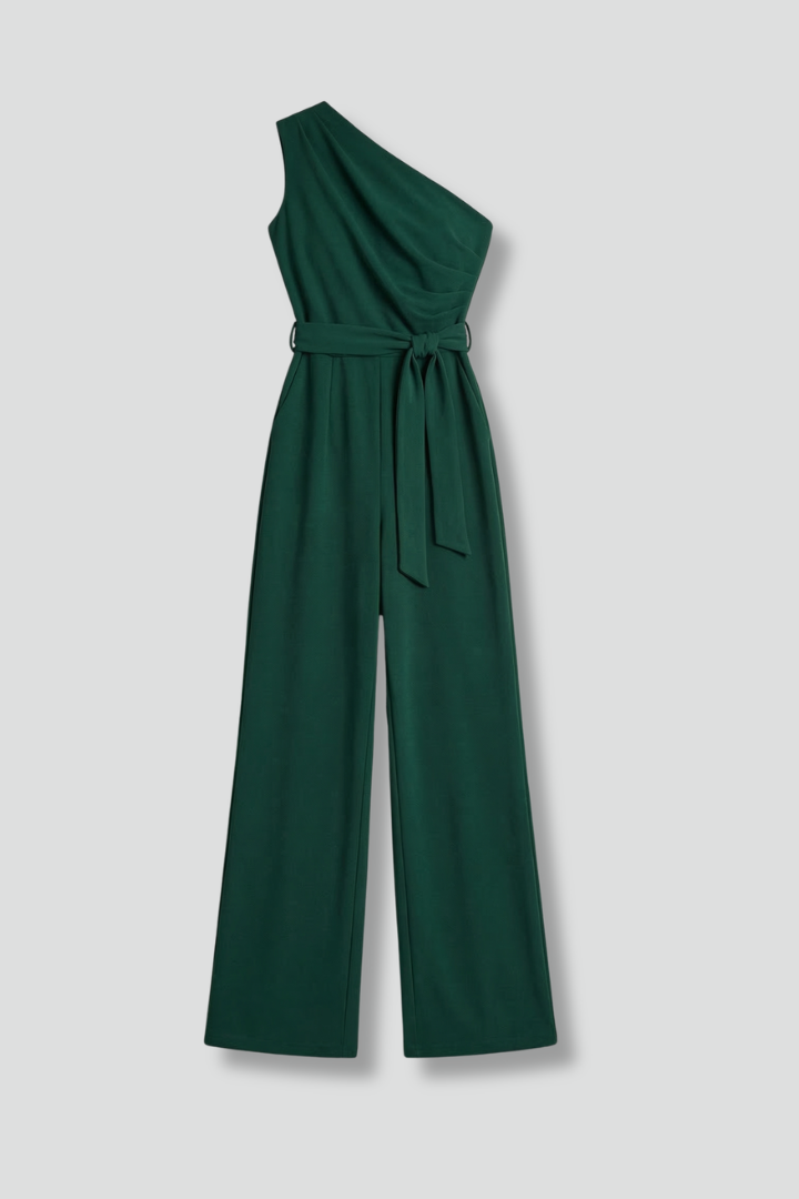Damesjumpsuit – Dames jumpsuit met asymmetrische halslijn en tailleriem – vooraanzicht | Pancreitis