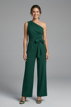 Damesjumpsuit – Dames jumpsuit met asymmetrische halslijn en tailleriem – zijaanzicht | Pancreitis