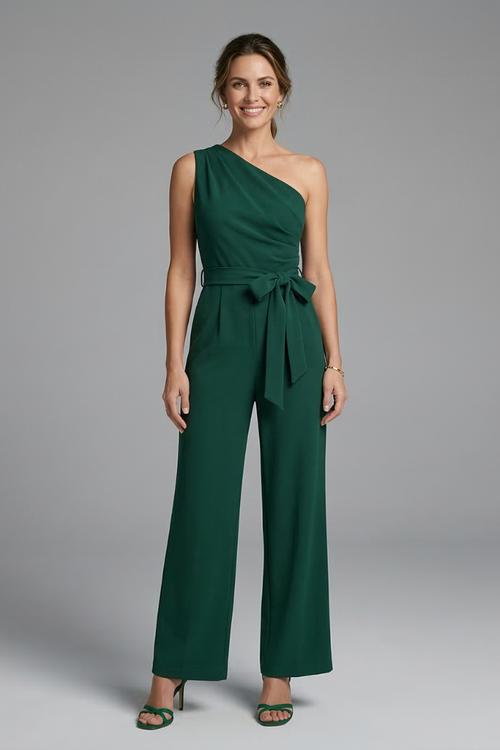 Damesjumpsuit – Dames jumpsuit met asymmetrische halslijn en tailleriem – zijaanzicht | Pancreitis