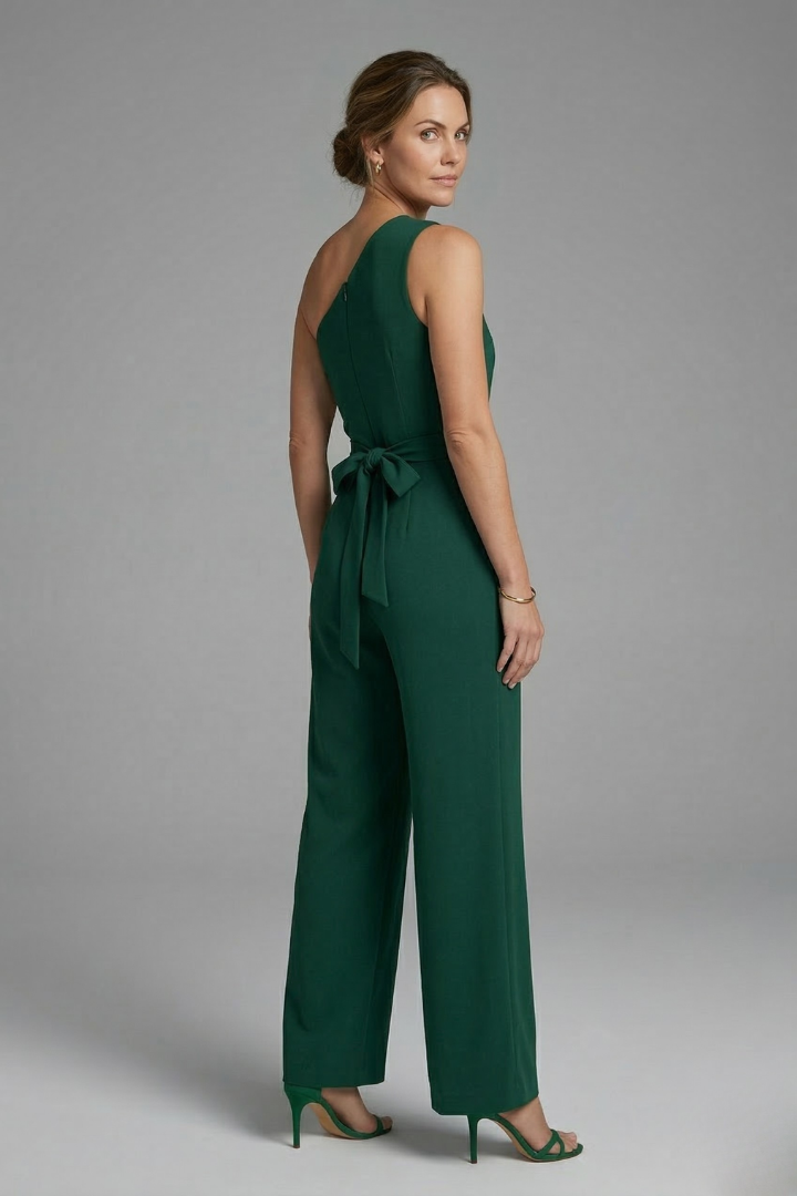 Damesjumpsuit – Dames jumpsuit met asymmetrische halslijn en tailleriem – achteraanzicht | Pancreitis