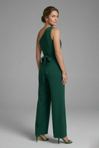 Damesjumpsuit – Dames jumpsuit met asymmetrische halslijn en tailleriem – achteraanzicht | Pancreitis