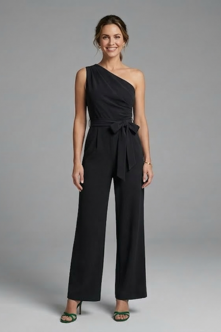 Damesjumpsuit – Dames jumpsuit met asymmetrische halslijn en tailleriem – totaaloverzicht | Pancreitis