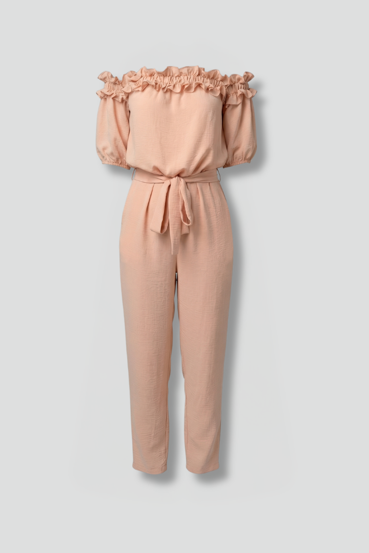Damesjumpsuit – Dames jumpsuit met off-shoulder halslijn en strikceintuur – vooraanzicht | Pancreitis