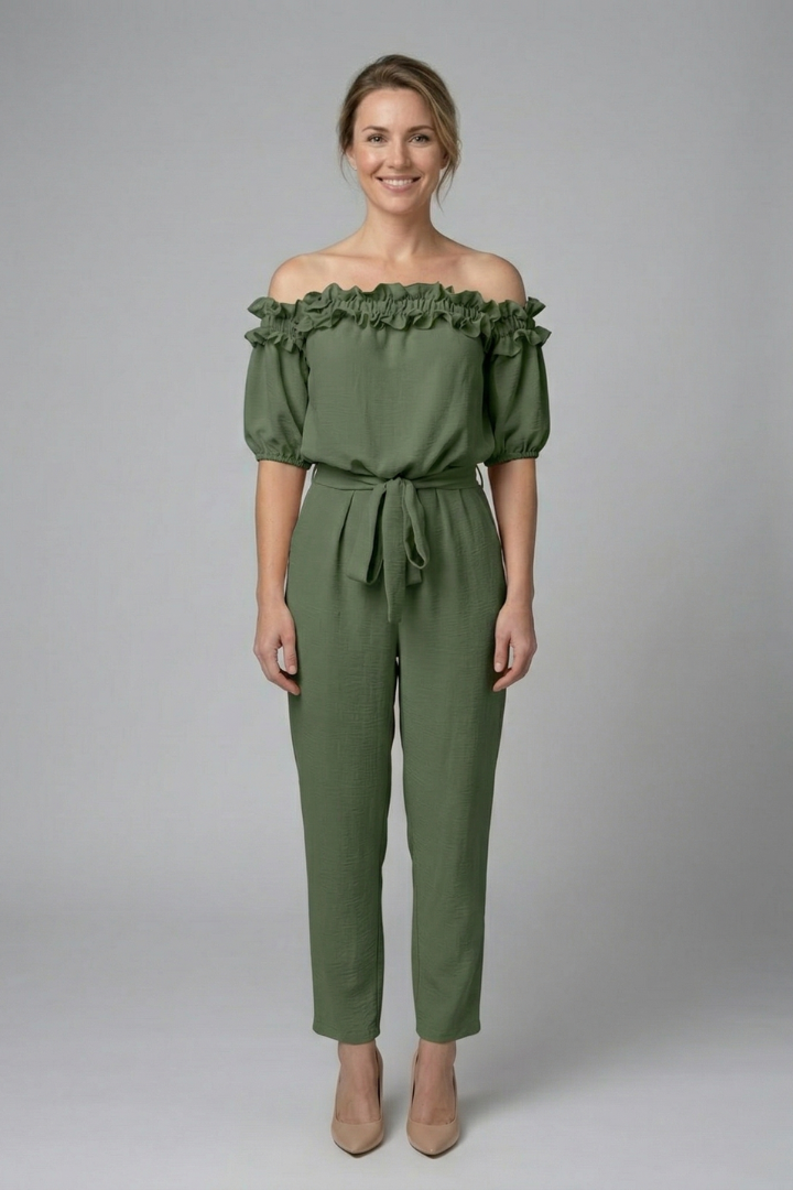 Damesjumpsuit – Dames jumpsuit met off-shoulder halslijn en strikceintuur – totaaloverzicht | Pancreitis