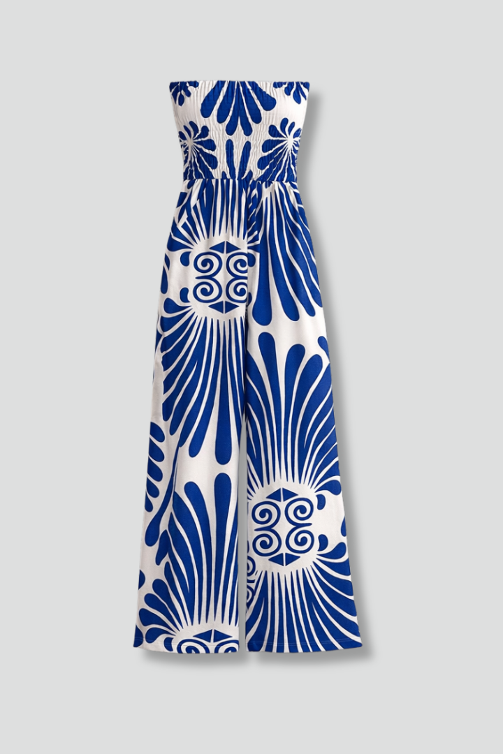 Damesjumpsuit – Damesjumpsuit met Strapless Halslijn en Printopdruk – vooraanzicht | Pancreitis
