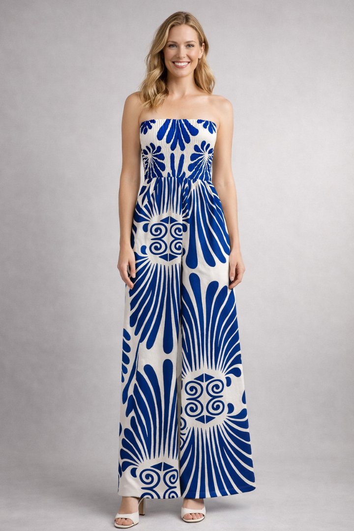 Damesjumpsuit – Damesjumpsuit met Strapless Halslijn en Printopdruk – zijaanzicht | Pancreitis