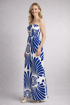 Damesjumpsuit – Damesjumpsuit met Strapless Halslijn en Printopdruk – detailopname | Pancreitis