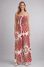 Damesjumpsuit – Damesjumpsuit met Strapless Halslijn en Printopdruk – close-up | Pancreitis