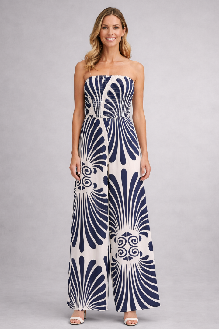 Damesjumpsuit – Damesjumpsuit met Strapless Halslijn en Printopdruk – stijlopname | Pancreitis