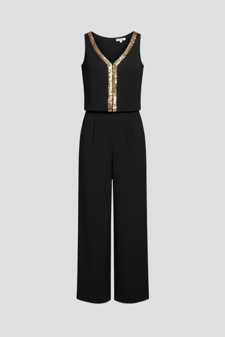 Damesjumpsuit – Dames Jumpsuit met V-hals en Wijde Pijpen – vooraanzicht | Pancreitis