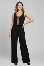 Damesjumpsuit – Dames Jumpsuit met V-hals en Wijde Pijpen – zijaanzicht | Pancreitis