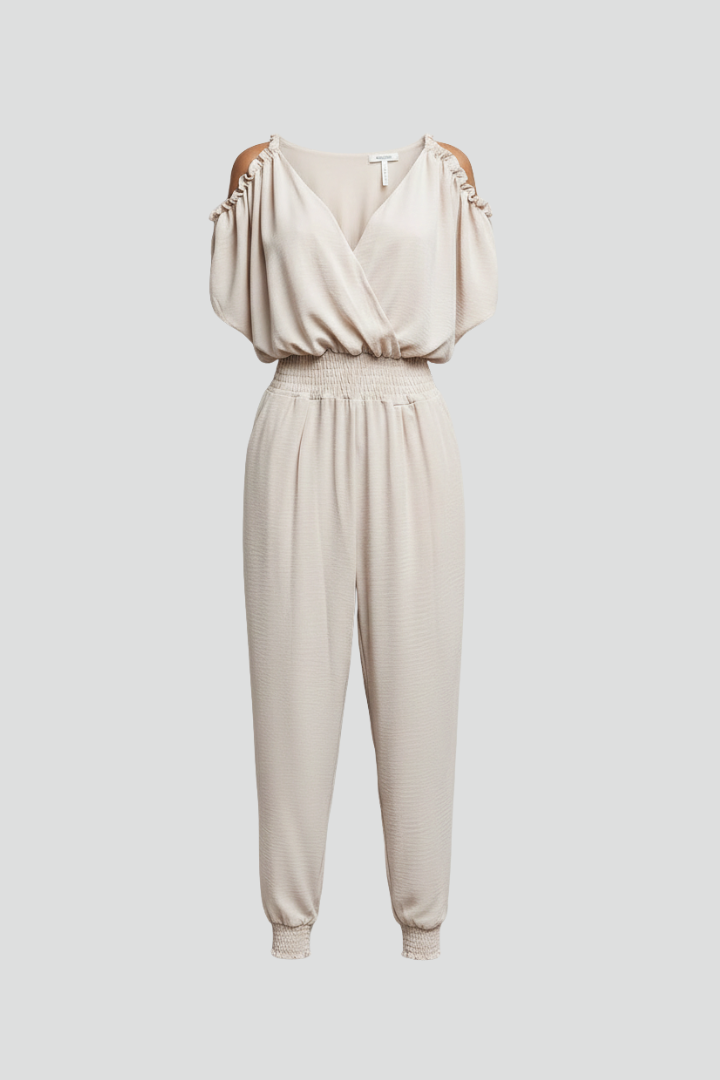 Damesjumpsuit – Damesjumpsuit met overslaghals en elastische taille – vooraanzicht | Pancreitis