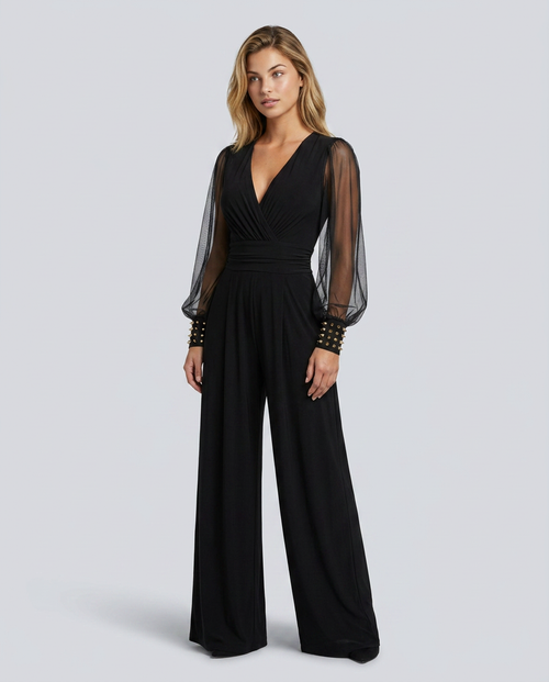 Cecelia jumpsuit met wijde pijpen en mesh mouwen in zwart, blauw en bordeaux.