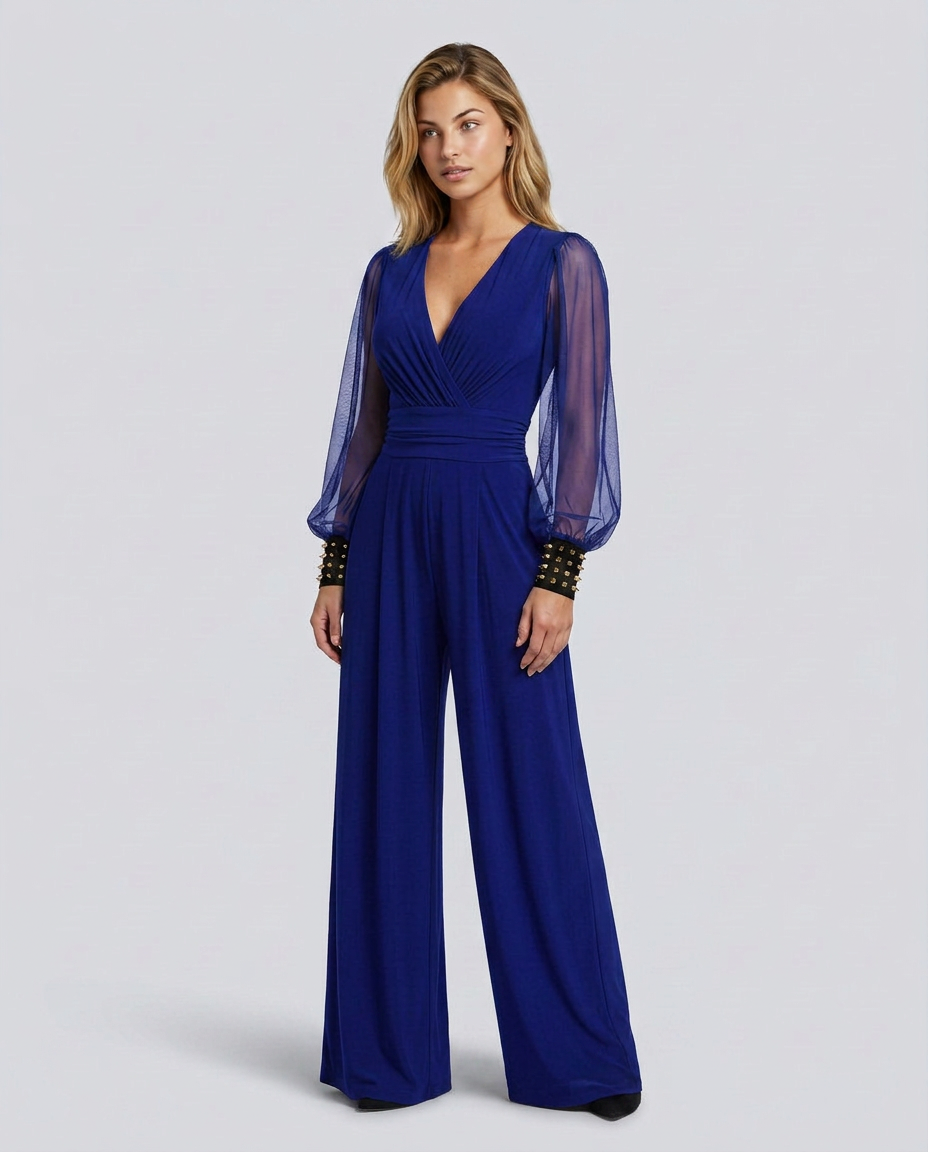 Cecelia jumpsuit met wijde pijpen en mesh mouwen in zwart, blauw en bordeaux. 5