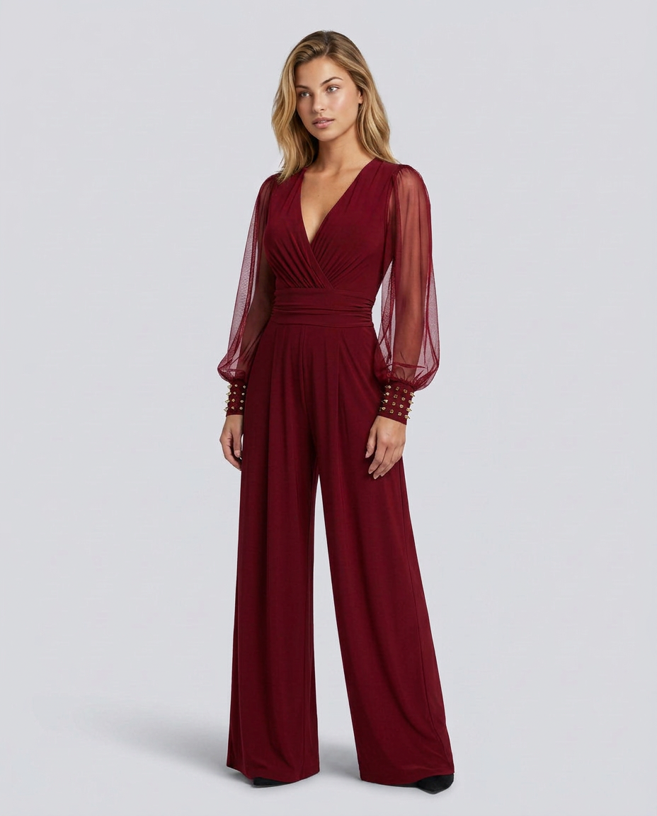 Cecelia jumpsuit met wijde pijpen en mesh mouwen in zwart, blauw en bordeaux. 8