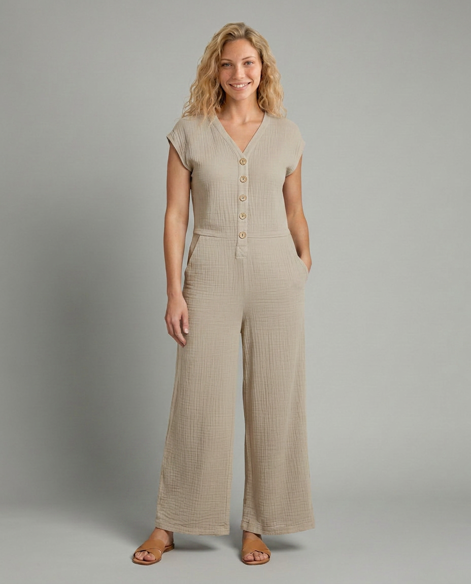 Christi wijde-pijpen jumpsuit met knopsluiting voor vrouwen. 7