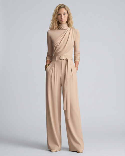 Elegante beige jumpsuit met wijde pijpen en lange mouwen. 2