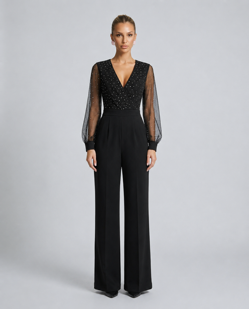 Ellen jumpsuit met pailletten en mesh mouwen voor speciale gelegenheden.