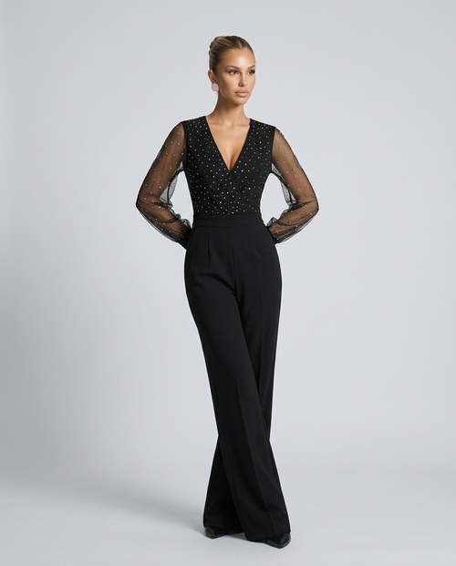Ellen jumpsuit met pailletten en mesh mouwen voor speciale gelegenheden. 2