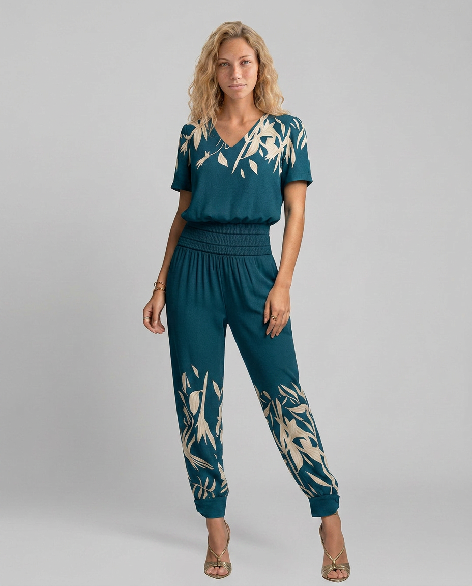 Erma V-Neck Jumpsuit met elastische taille in zwart, groen, blauw en geel. 6