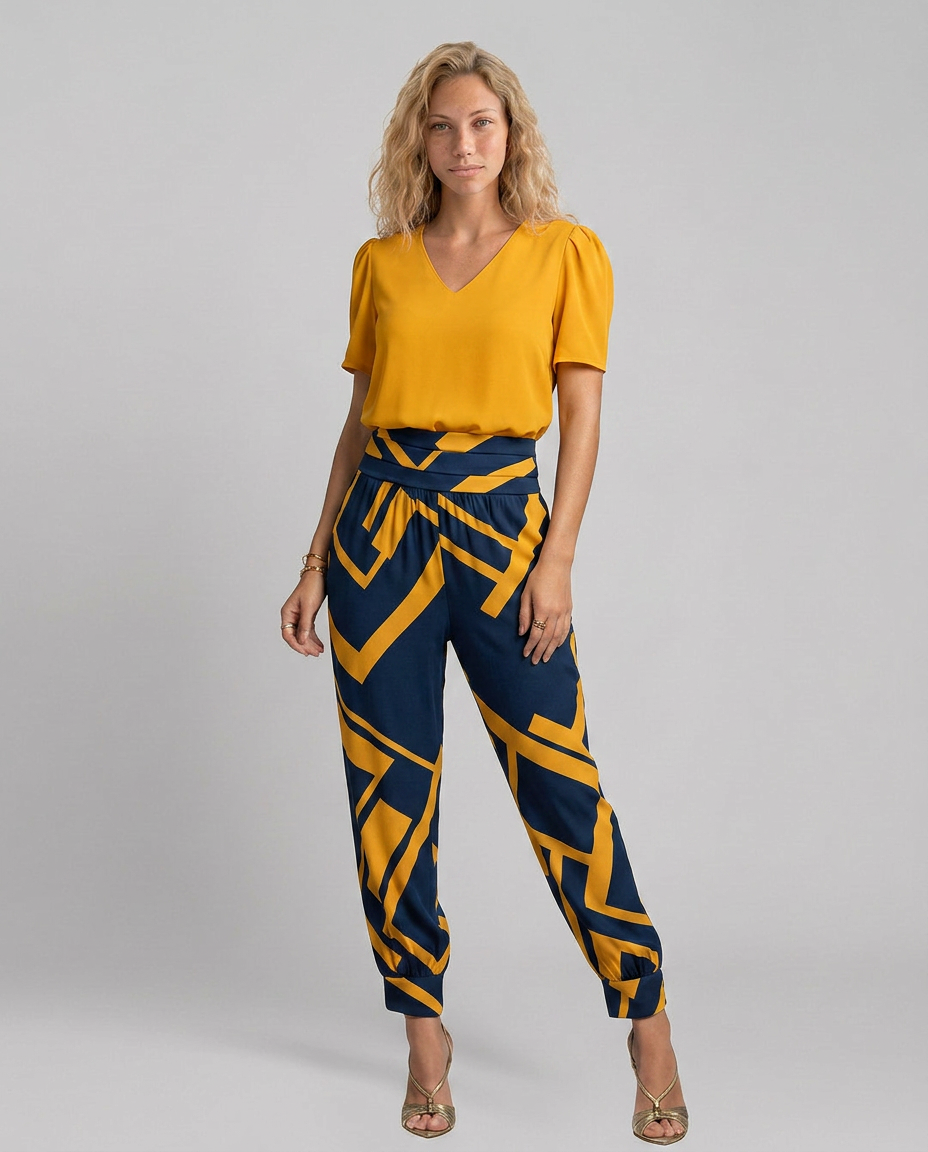 Erma V-Neck Jumpsuit met elastische taille in zwart, groen, blauw en geel. 9