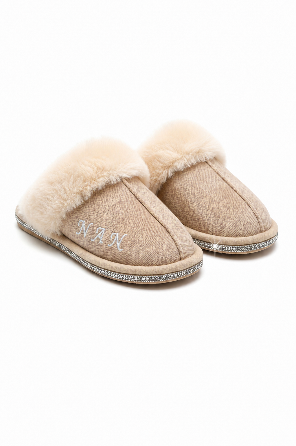 Gepersonaliseerde nude slippers met kristal trim voor dames. 3