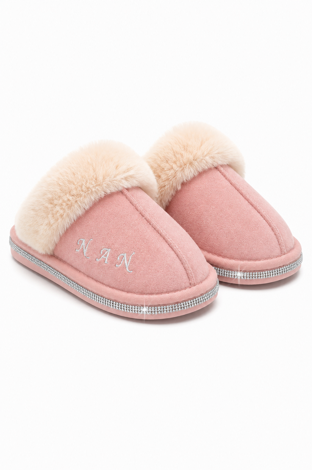 Gepersonaliseerde luxe roze slippers met kristaltrim voor dames. 3
