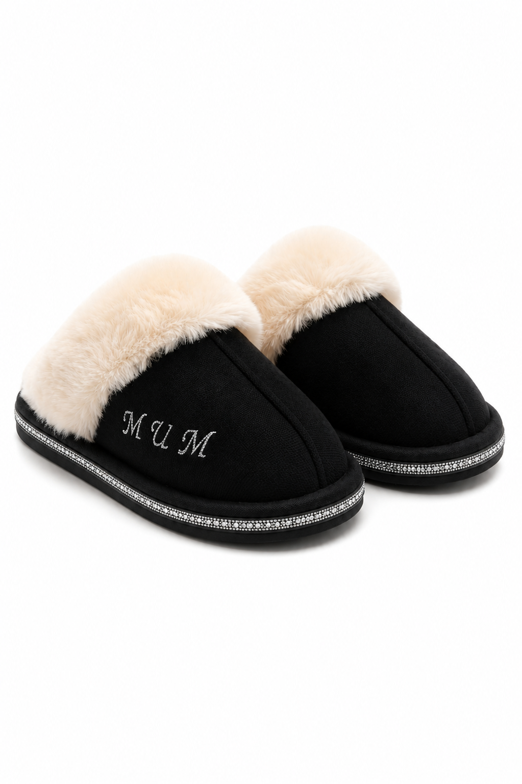 Gepersonaliseerde zwarte slippers met kristal trim voor Moeder. 3