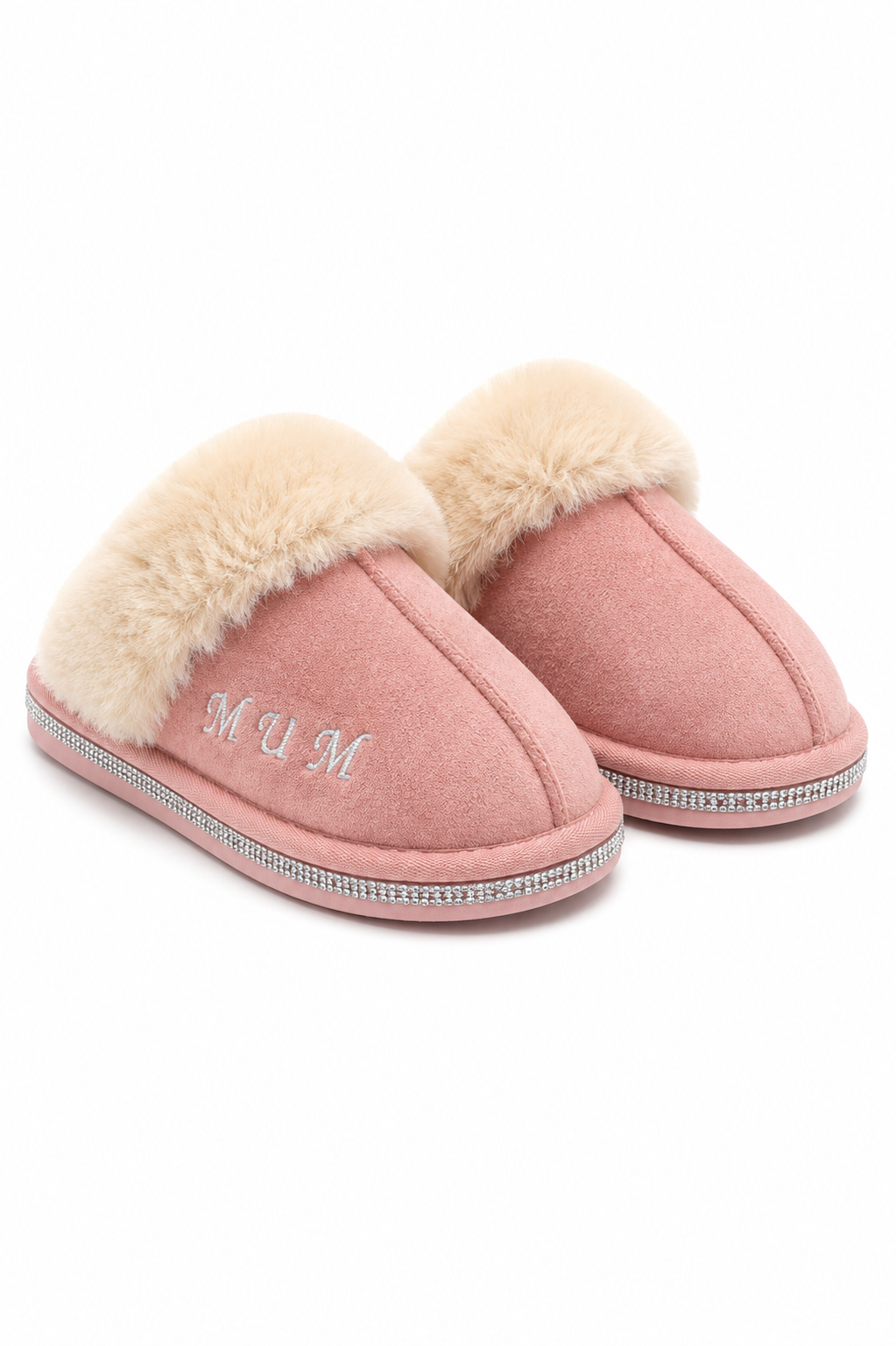 Gepersonaliseerde roze slippers met kristaltrim voor moeders. 3