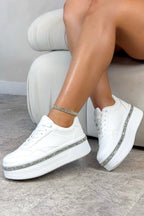 Glanzende kristallen diamante trim platform sneakers in wit 2