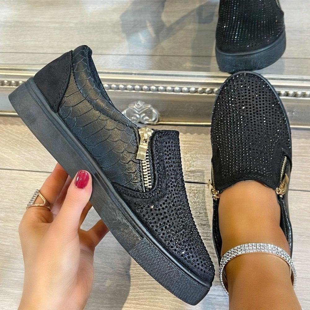 Kristal Suede Rits Pumps Zwarte Trainers met glanzende details 3