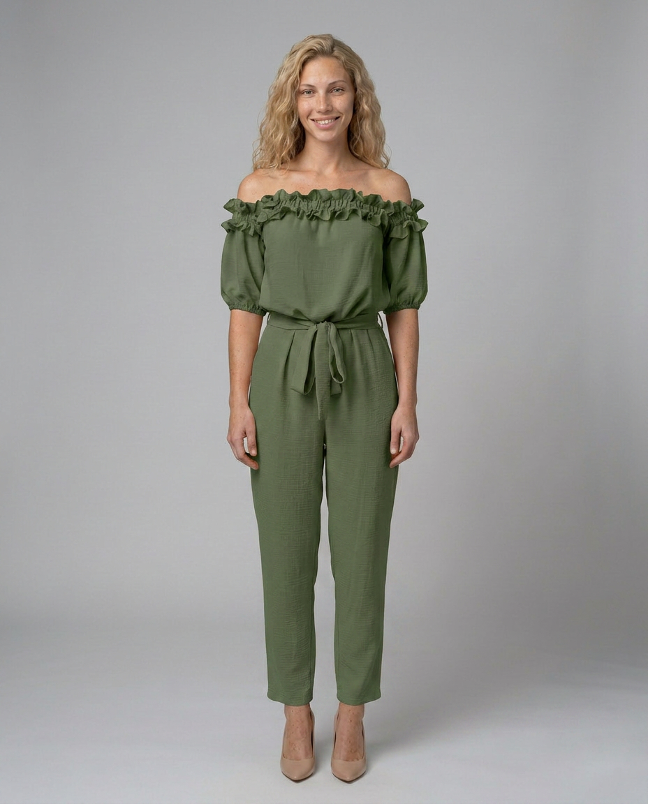 Jessie off-shoulder jumpsuit met elegante tailleband in perzikkleur 7