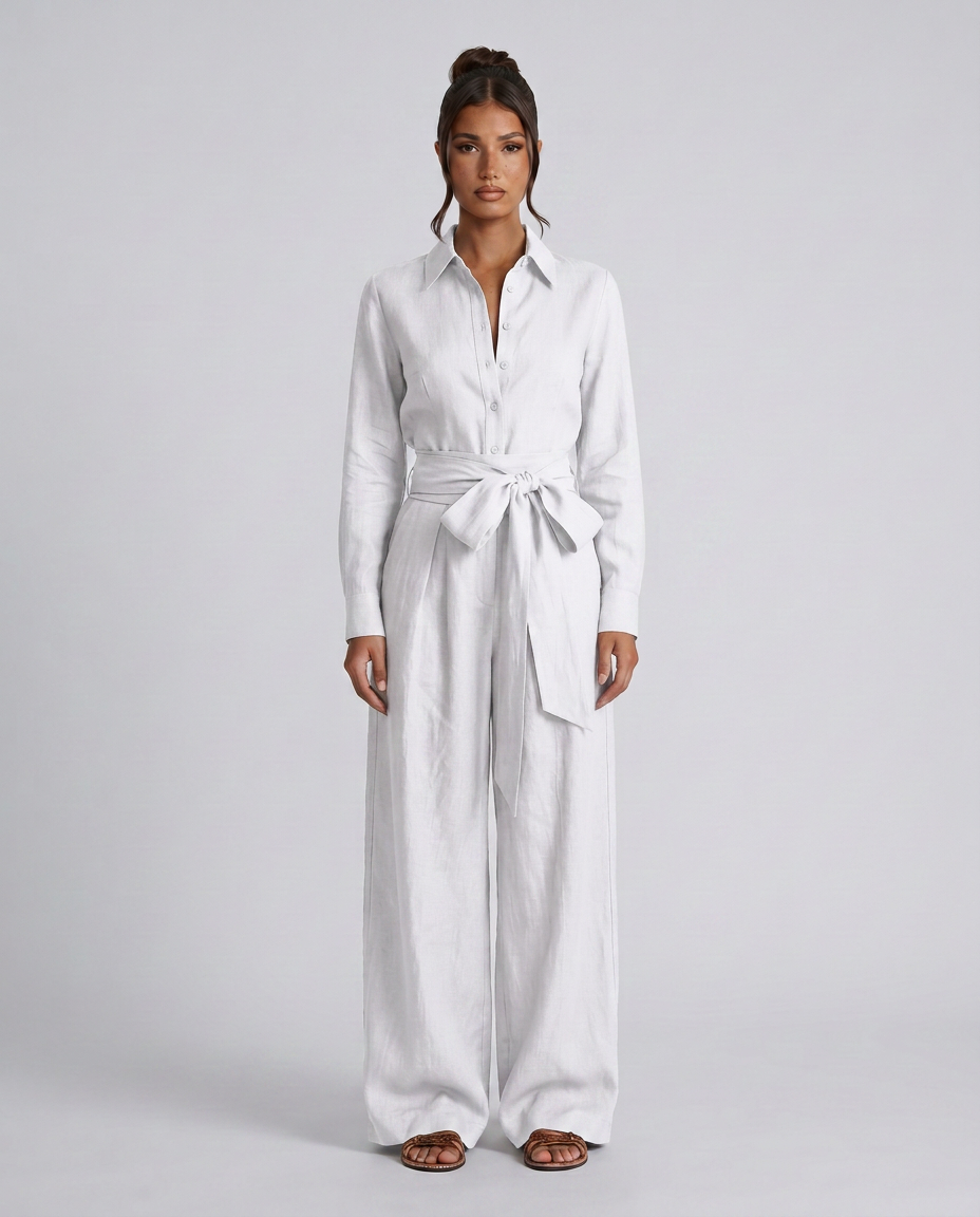Juliet jumpsuit met shirtkraag en lange mouwen in bruin en wit. 6