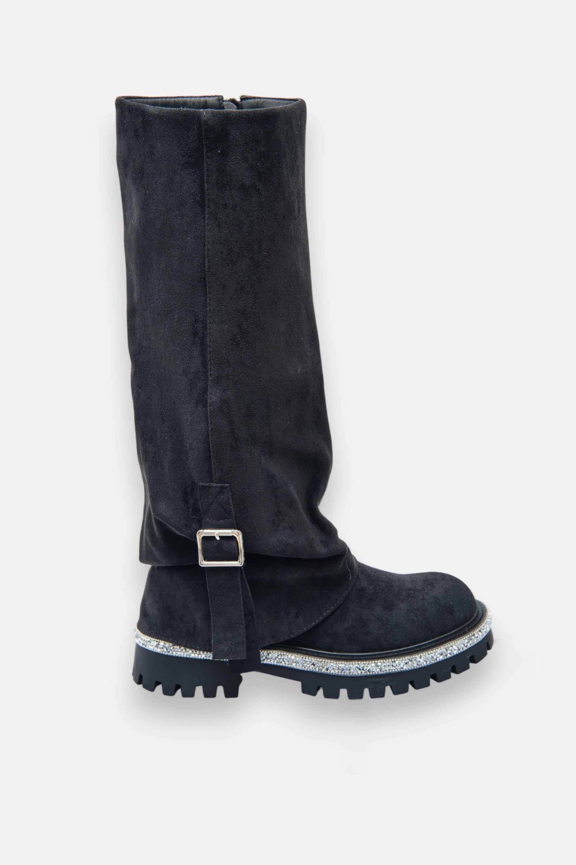 Kristallen Trim Wild Obsession Knie Hoge Boots in zwart met chunky zool. 6