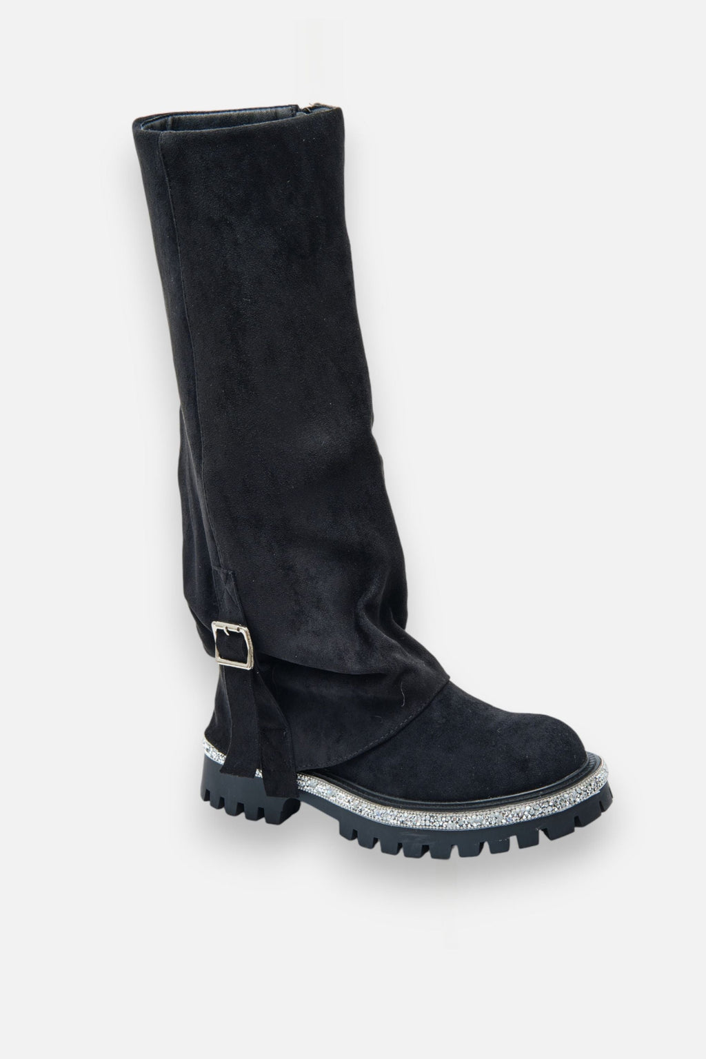 Kristallen Trim Wild Obsession Knie Hoge Boots in zwart met chunky zool. 7