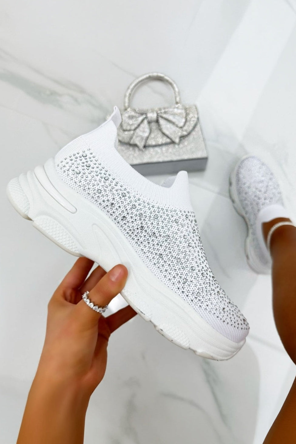 Kristallen Comfort Sportieve Sok Trainers in Wit met Glanzende Rhinestones 2