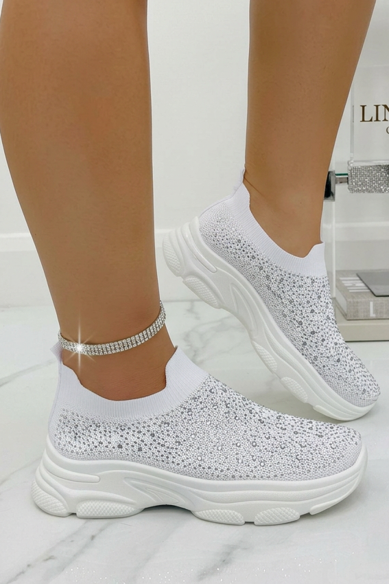 Kristallen Comfort Sportieve Sok Trainers in Wit met Glanzende Rhinestones 4