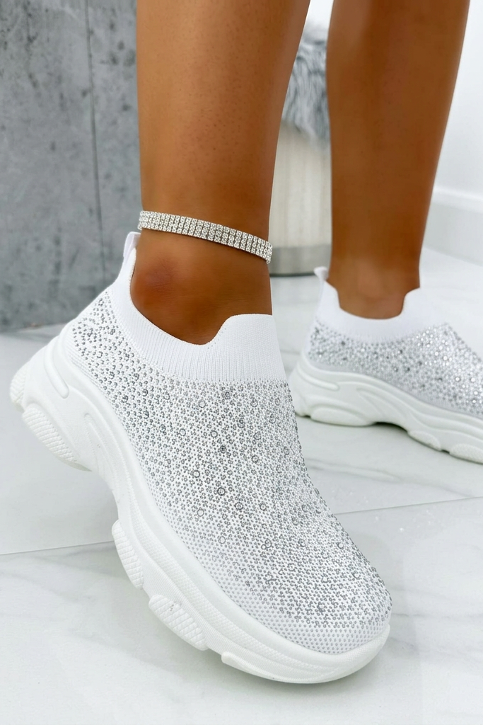 Kristallen Comfort Sportieve Sok Trainers in Wit met Glanzende Rhinestones 5