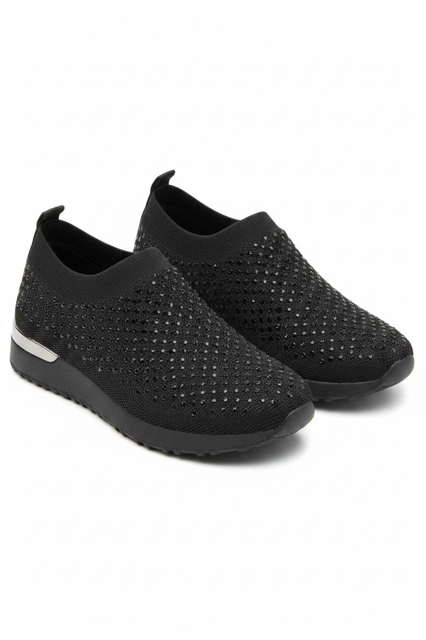 Glanzende zwarte trainers met kristallen details voor comfort en stijl. 2