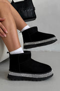 Kristallen Diamant Rand Gezellige Snug Mini Boots in zwart voor dames.