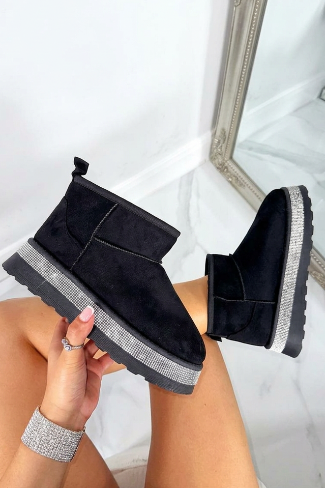 Kristallen Diamant Rand Gezellige Snug Mini Boots in zwart voor dames. 4