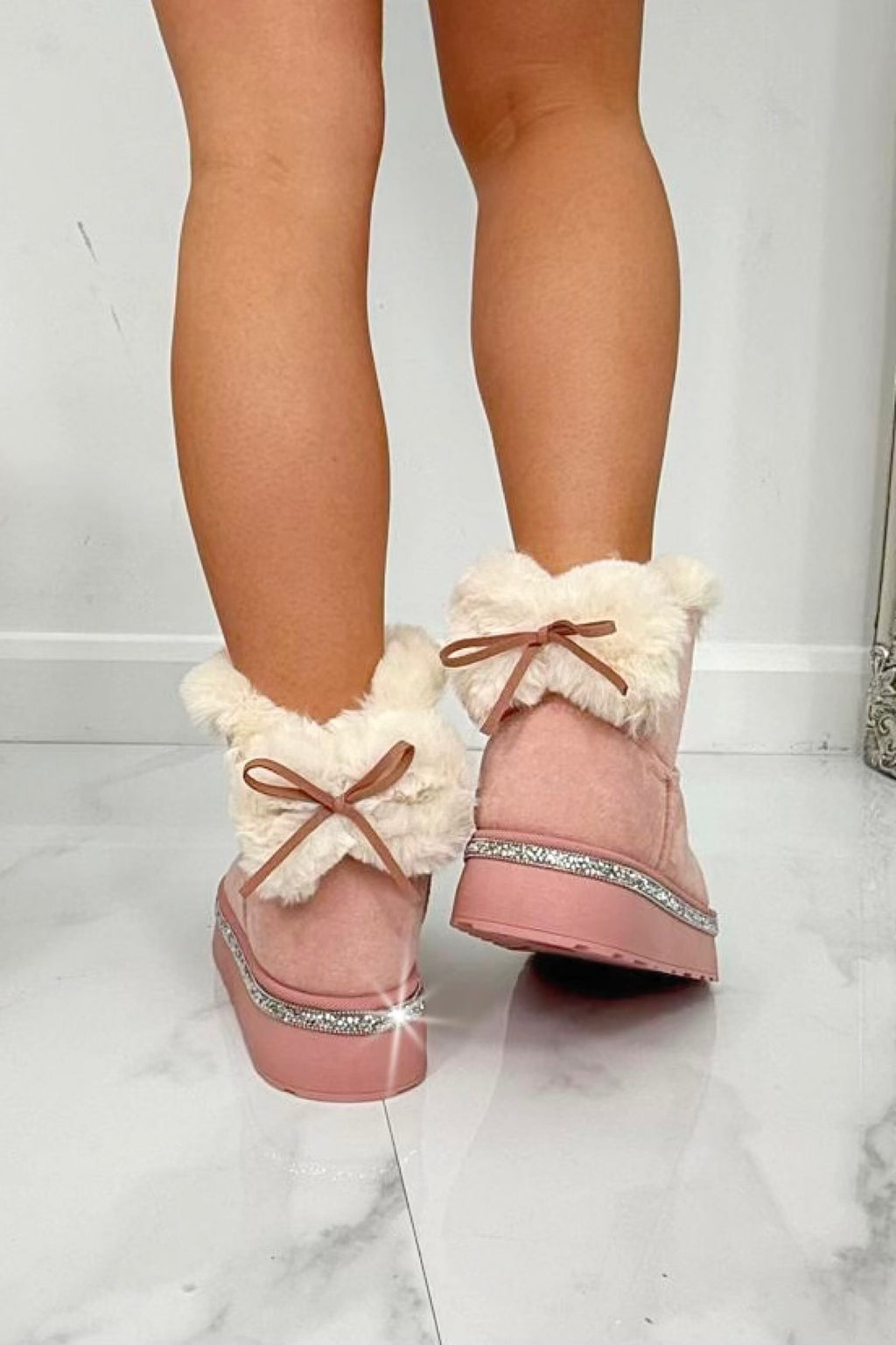 Kristallen Faux Fur Strik Snugg Boots in roze kleur 2