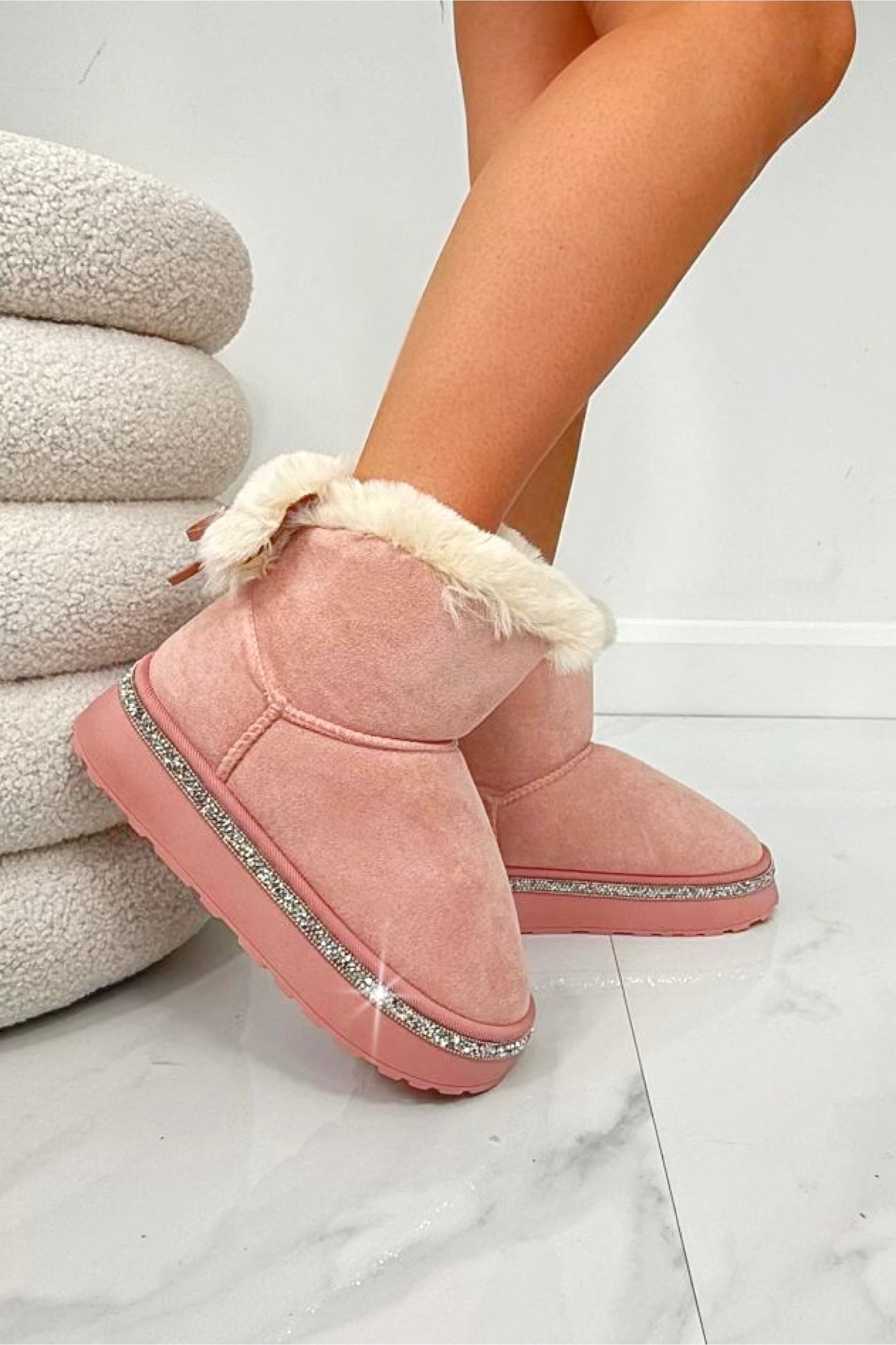Kristallen Faux Fur Strik Snugg Boots in roze kleur 3