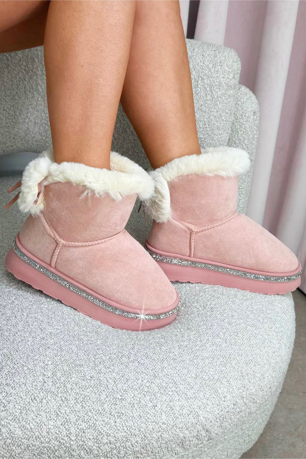 Kristallen Faux Fur Strik Snugg Boots in roze kleur 4