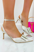 Kristallen Glamour Strik Hakken in Wit met oversized strik en rhinestones