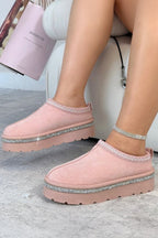 Luxe kristallen platform slippers in roze met faux fur voering. 3