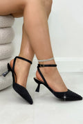 Kristallen Schattige Parels Slingback Kitten Heels in zwart voor vrouwen.